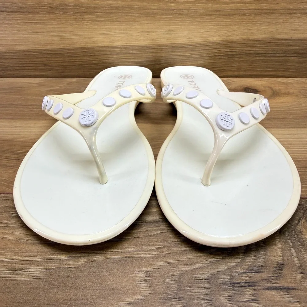 Tory Burch Jelly Studded Flip Flops Womens 7 Off White Vacation Travel Pool